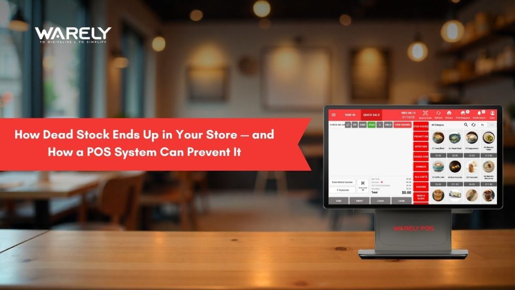 Singapore retail store owner checking inventory dashboard on POS system to prevent dead stock using WarelyPOS software.