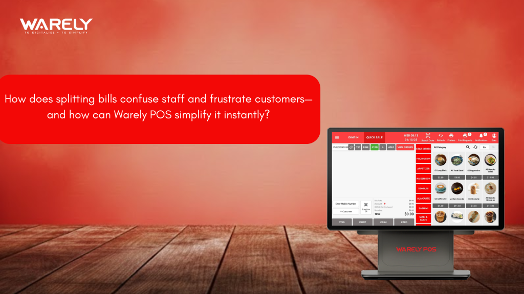 Restaurant staff using Warely POS to split bills quickly for a group of diners