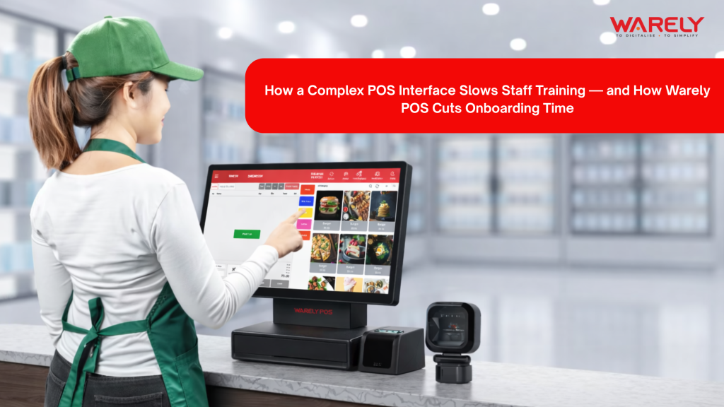 Staff member using a simple and visual Warely POS interface in a café to process orders quickly with minimal training