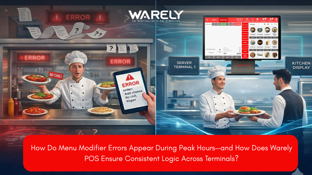 Restaurant staff using Warely POS system to manage menu modifiers and prevent order errors during peak hours.