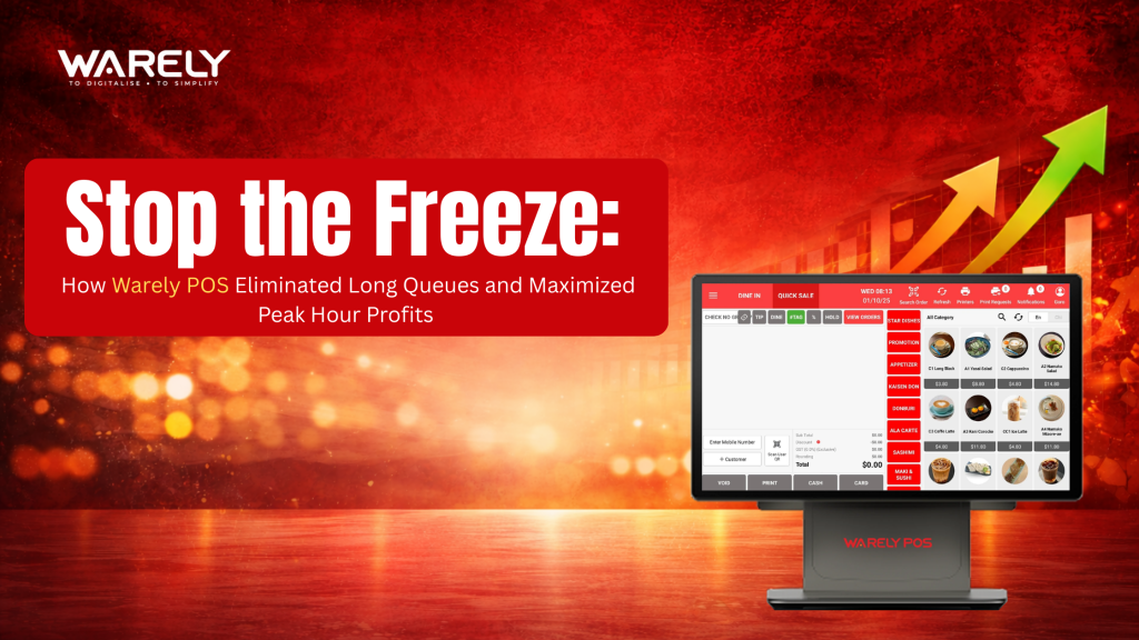 Restaurant cashier using Warely POS to process orders quickly during peak lunch rush without system lag or freezing.