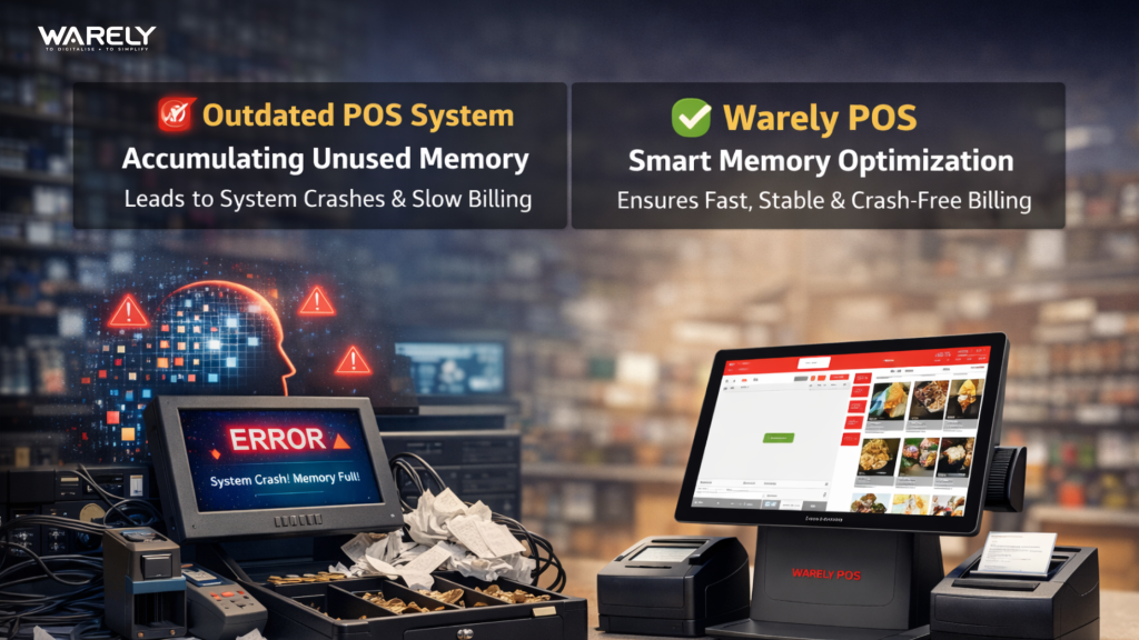 Outdated POS system accumulating unused memory causing slow checkout compared to optimized Warely POS system.