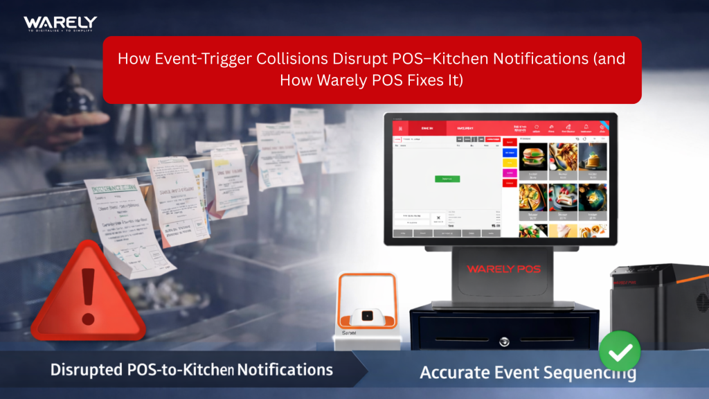 Illustration of a restaurant POS system sending perfectly sequenced order updates to a kitchen display using Warely POS technology.