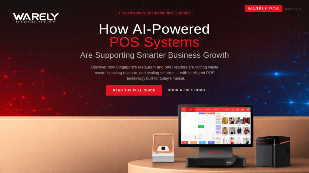 AI-powered POS system dashboard showing sales analytics, inventory tracking, and business insights for Singapore retail and restaurant growth