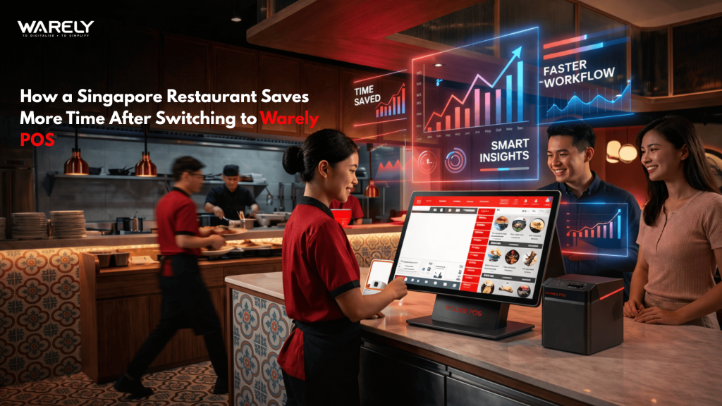 Restaurant staff in Singapore using Warely POS tablet for faster billing and order management