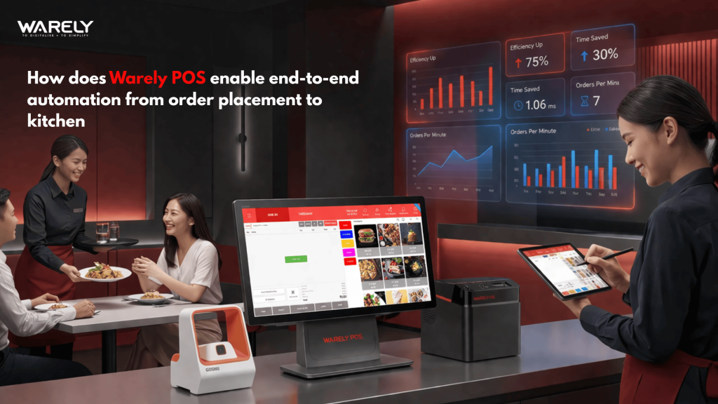 Restaurant staff using Warely POS system for automated order routing and kitchen display management