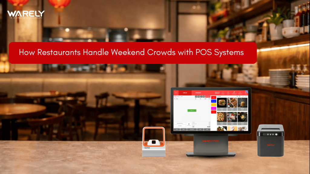 Restaurant staff using POS system to manage busy weekend crowd efficiently