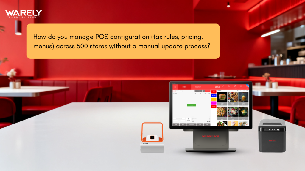 Cloud-based POS system dashboard managing pricing, tax rules, and menus across multiple restaurant locations