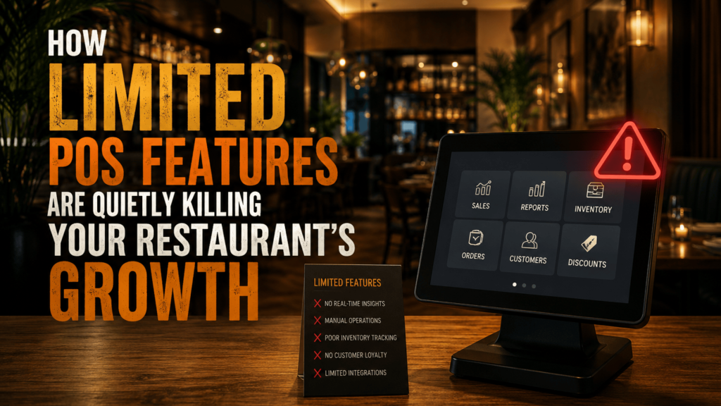 Restaurant cashier struggling with an outdated POS system during peak dinner hours in a busy Singapore café