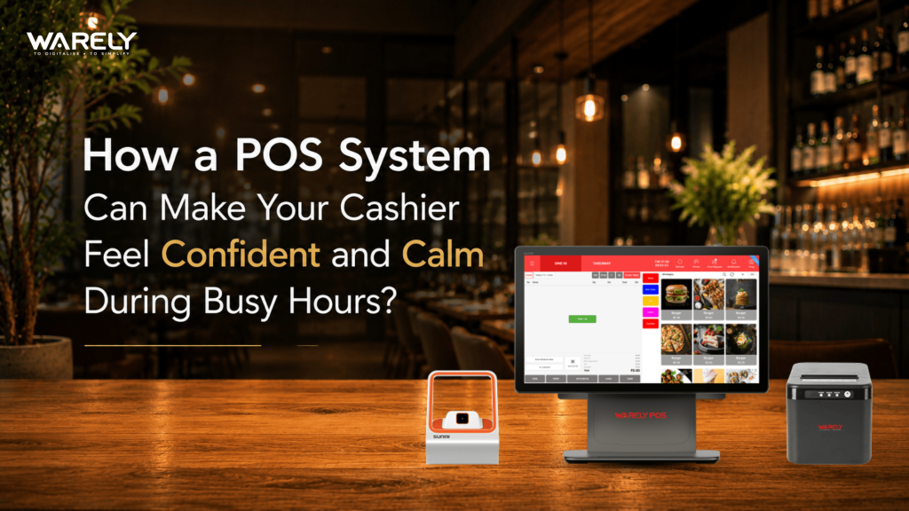 Cashier confidently using Warely POS system during busy restaurant and retail peak hours in Singapore