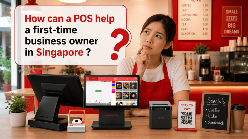 First-time F&B business owner in Singapore using Warely POS system to track sales, inventory, and profits in a modern restaurant.