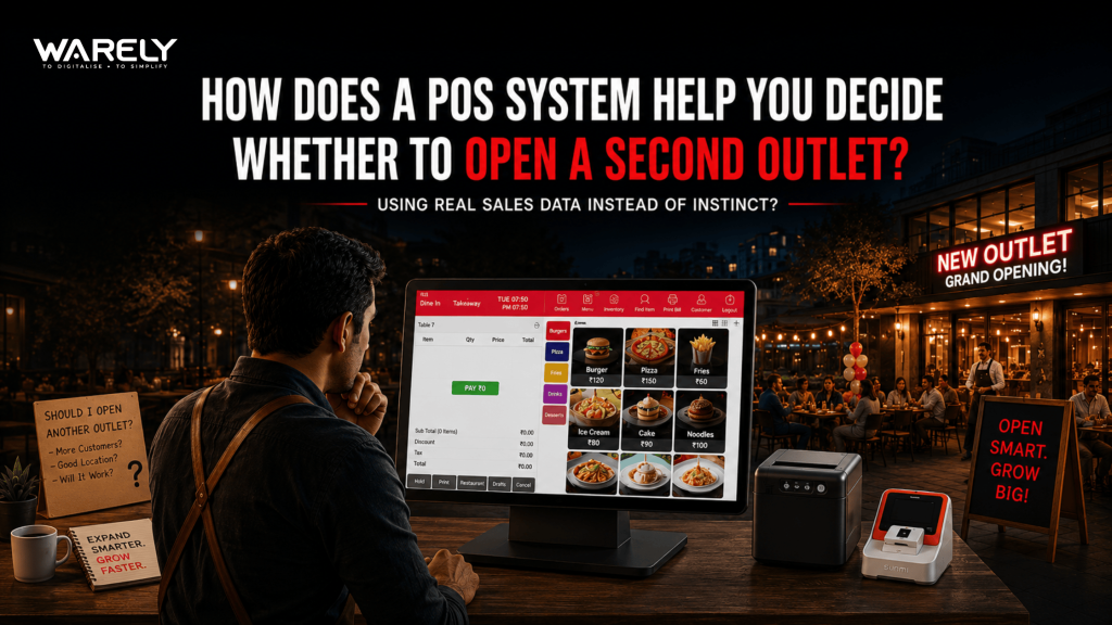 Restaurant owner analyzing POS sales dashboard to decide on opening a second outlet in Singapore