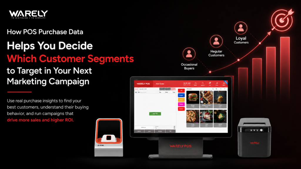 Warely POS dashboard showing customer segmentation analytics, purchase behavior insights, and targeted marketing campaign data for retail businesses.