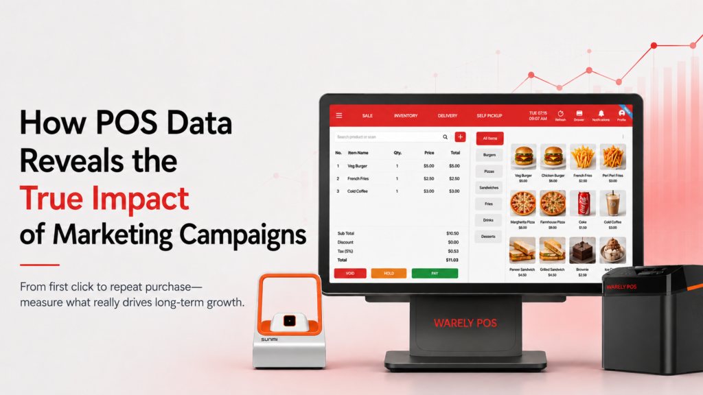 Business owner analyzing POS dashboard showing repeat customers, customer lifetime value, and marketing campaign performance metrics.