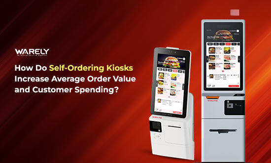 Customer using a self-ordering kiosk in a restaurant while browsing menu upgrades and add-on items.
