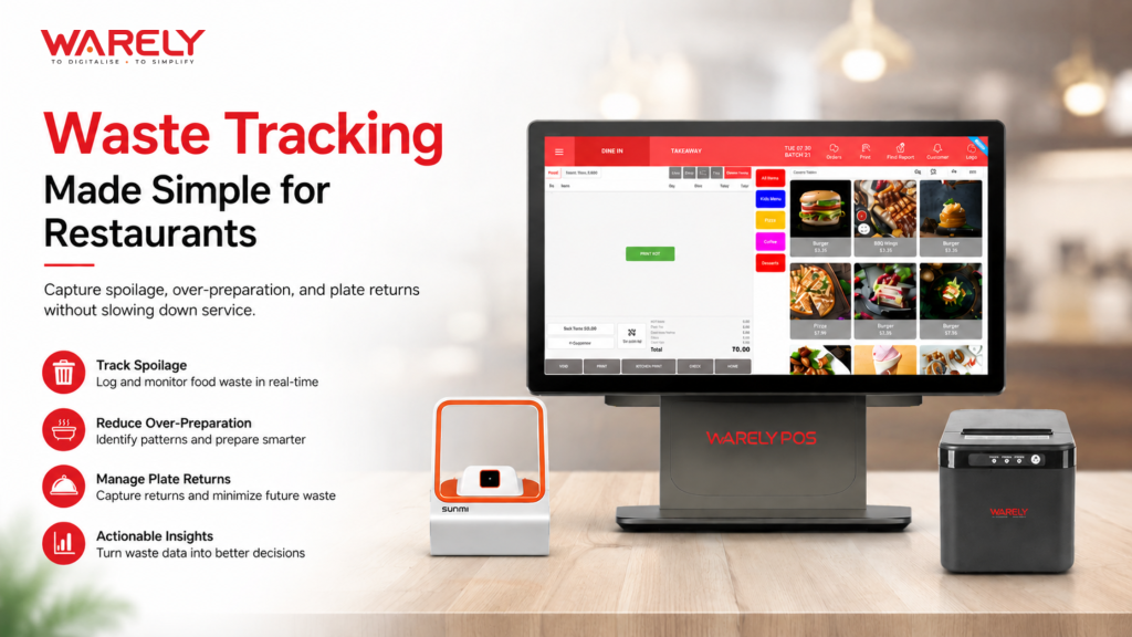 Restaurant staff using Warely POS to track food waste, spoilage, over-preparation, and plate returns in real time.