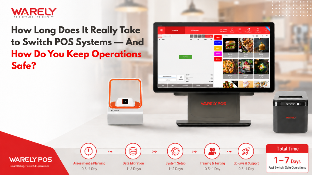 Business owner and staff transitioning to a new POS system while maintaining daily operations and customer service