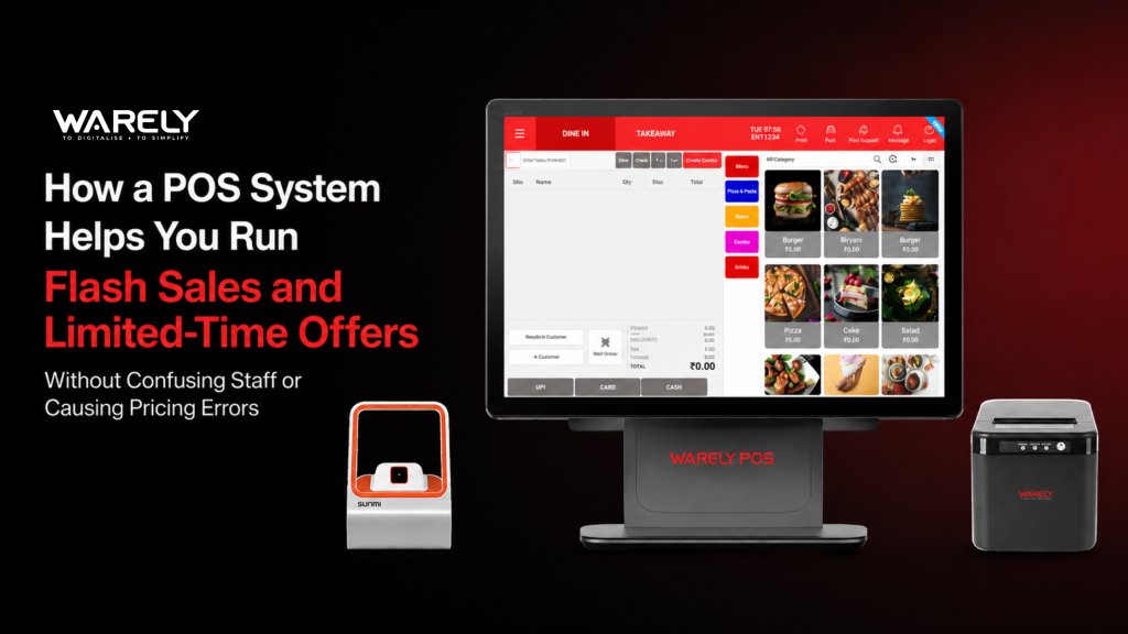 Warely POS system automatically managing flash sale discounts and limited-time promotions at a retail checkout counter