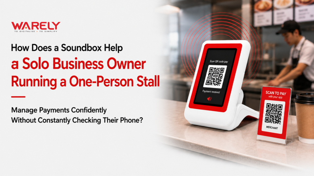 Solo hawker stall owner serving customers while a soundbox announces successful digital payments through Warely POS